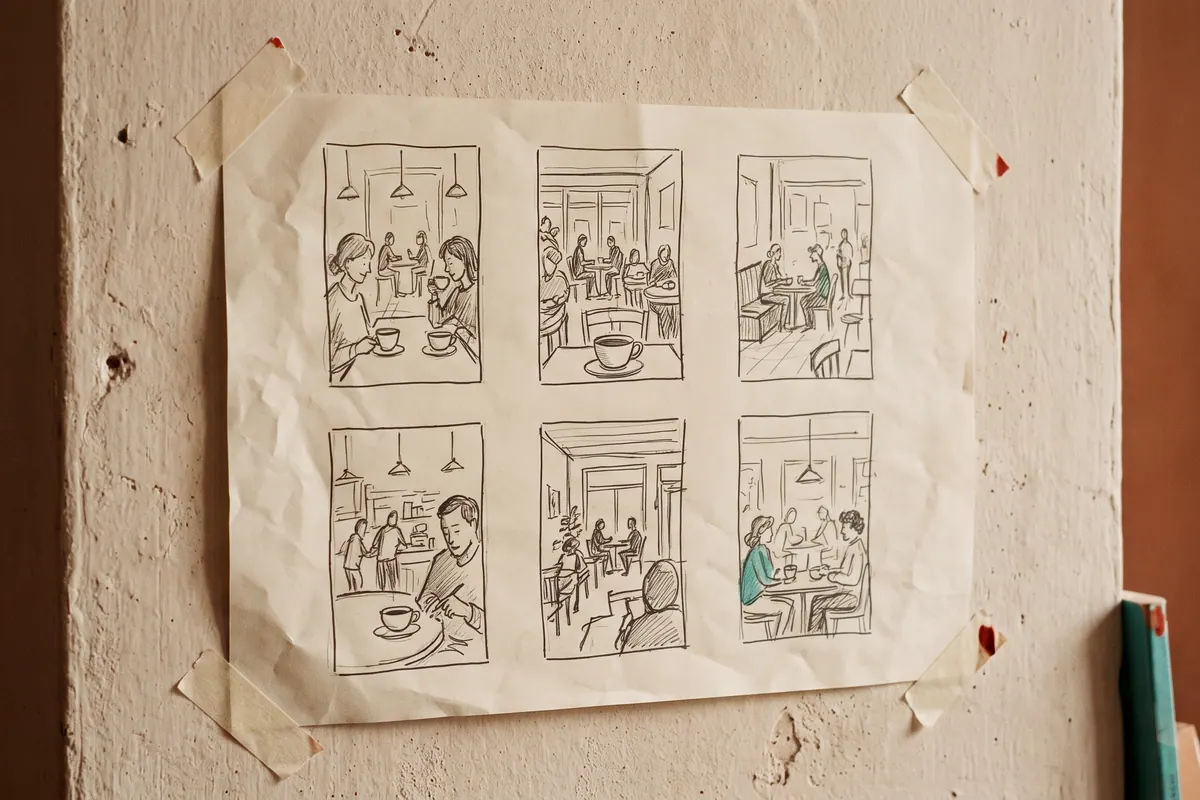 Duvara yapıştırılmış altı karelik dikey video storyboard çizimi