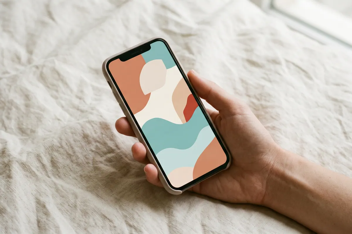 Renkli soyut karşılama ekranı gösteren telefonu tutan el